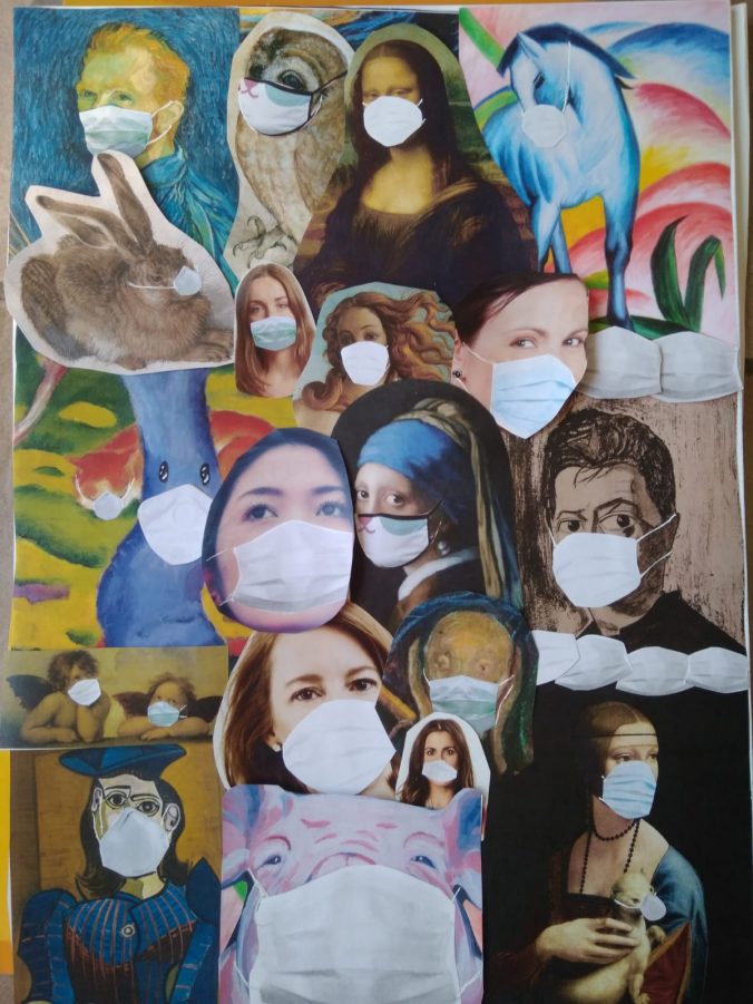 Eine Collage meiner Tochter mit bekannten Persönlichkeiten mit Masken vor dem Gesicht.