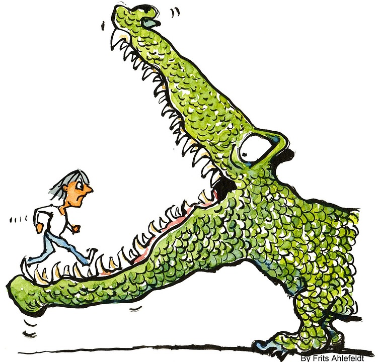 gezeichnetes Krokodil sperrt den Rachen auf und eine Frau läuft mutig hinein.