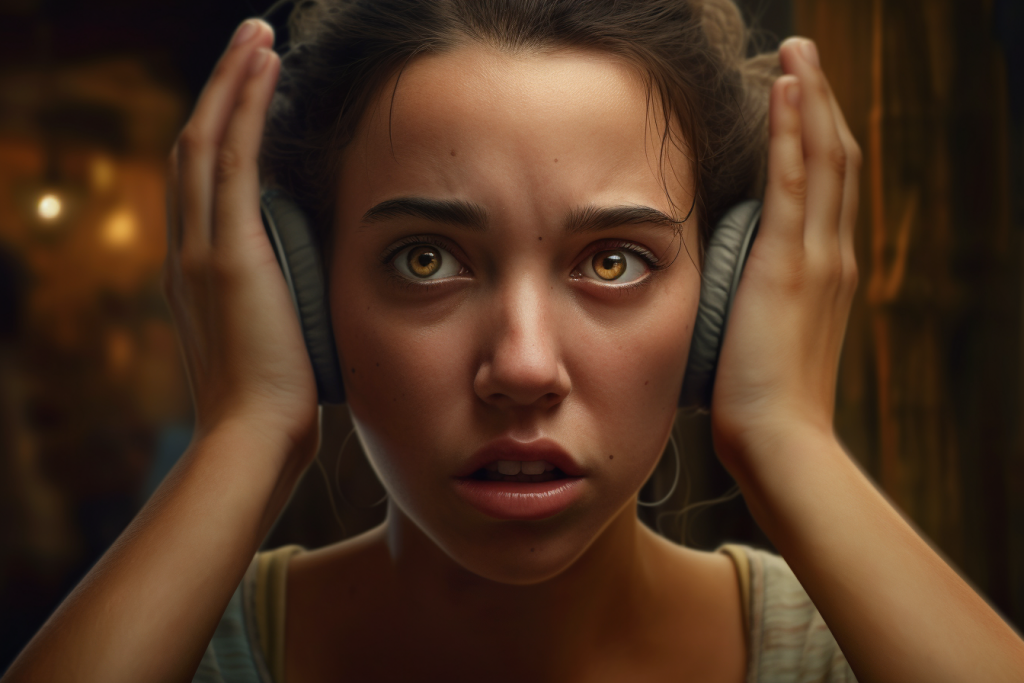 Von Midjourney erstelltes Bild, das eine Frau mit Kopfhörern darstellt, die sich die Ohren zuhält ADHS