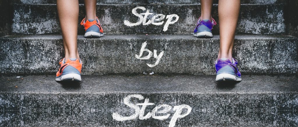 Auf einer Treppe steigen zwei Menschen in Turnschuhen Treppen-Stufen hinauf. Auf den Stufen steht Step by Step. Genauso etablierst du neue Gewohnheiten. 