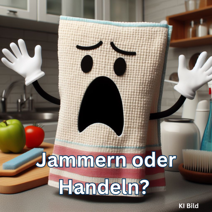 ein KI BIld, in dem ein Ein Waschlappen mit Händen und einem aufgemalten Gesicht jammert.